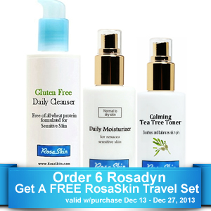 Special Order 6 bottles of rosadyn and get a free fluten free rosacea skin care travel set from RosaSkin